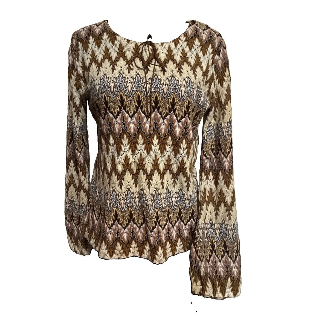 VTG 60s 70s Eileen Japan Chevron Knit Top Boho Hippie Bell Sleeve Open Mesh M
